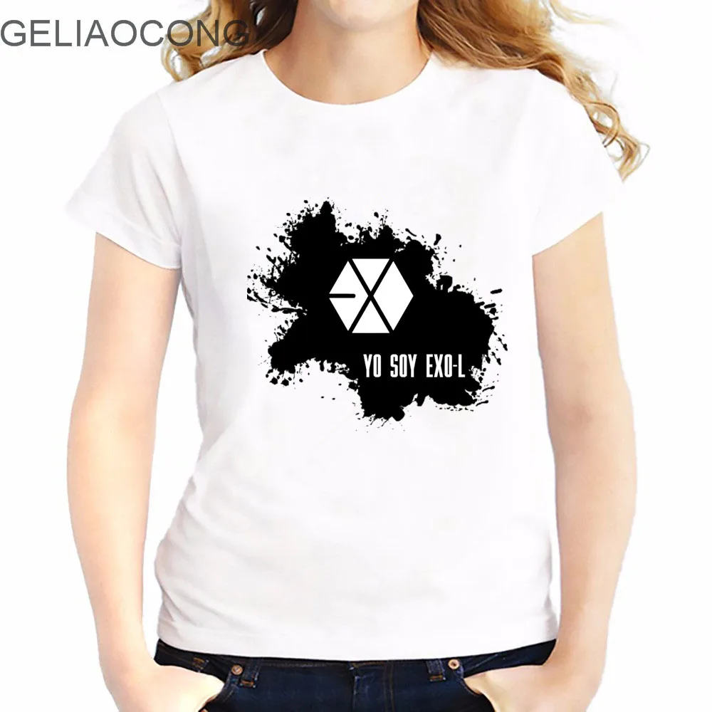 Geliaocong Лето 2017 г. EXO Письмо печати футболка Для женщин Harajuku О-образным вырезом