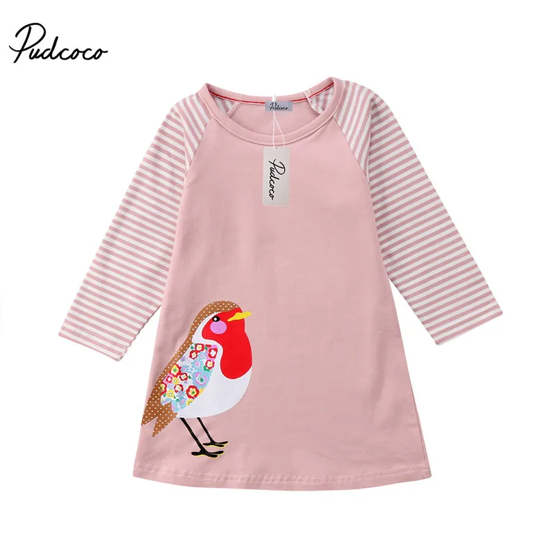 

PUDCOCO Newest Kid Baby Girls Long Sleeve Printing Bird Party Pageant Wedding Dress Cute Pop Autumn Clothes 1-7T
