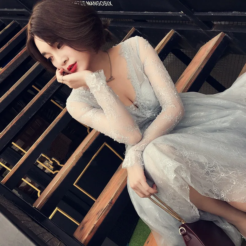 Высокое качество Серый Тюль Fülle рукава короткие вечернее платье весна вечерние