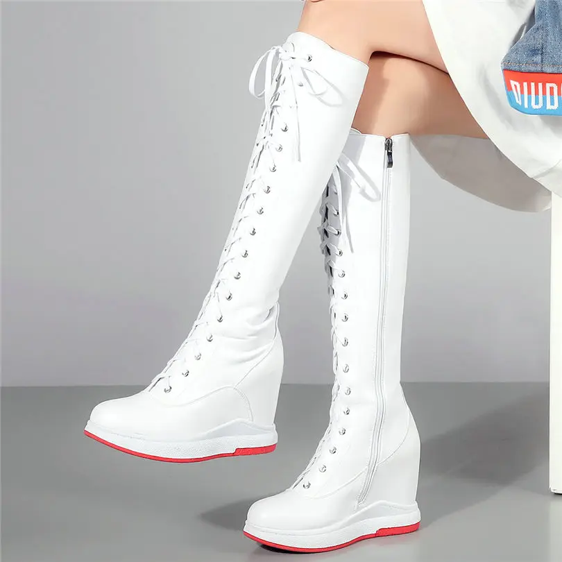 Thigh High Boots Women Genuine Leather Lace Up Knee High Booties Wedges High Heel Tall Shaft Punk Sneakers Winter Punk Creepers