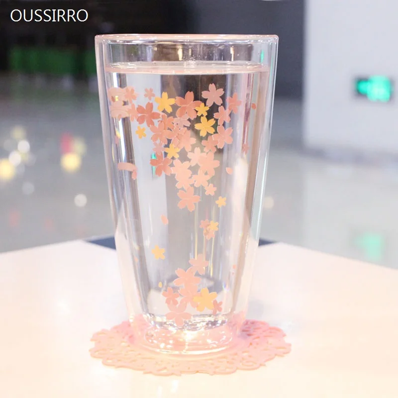 OUSSIRRO креативная розовая Sakura 2 слоя термостойкая стеклянная кружка с крышкой