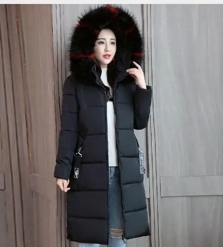 Корейская длинная хлопковая куртка с меховым воротником, 6XL размера плюс, однотонная теплая верхняя одежда, зимнее пальто для женщин, Толстая Женская парка с капюшоном AA70 - Цвет: Черный