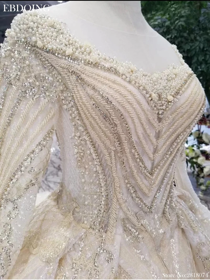 Vestidos De Novia Ball Gown Wedding Dress Boat Neck Full Sleeves Court Train Lace UP Bride Dress Plus Size With Lace Beading