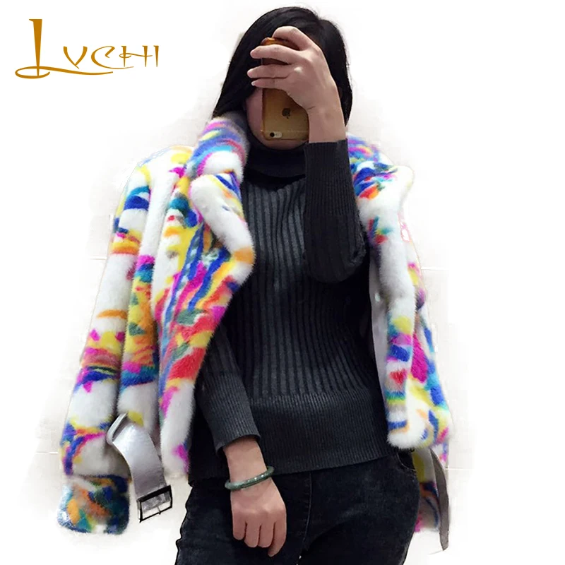 

LVCHI Winter 2019 Import Velvet Turn-down Collar Real Mink Fur Coat Women's Nine Quarter Short With Adjustable Waist Mink Coats