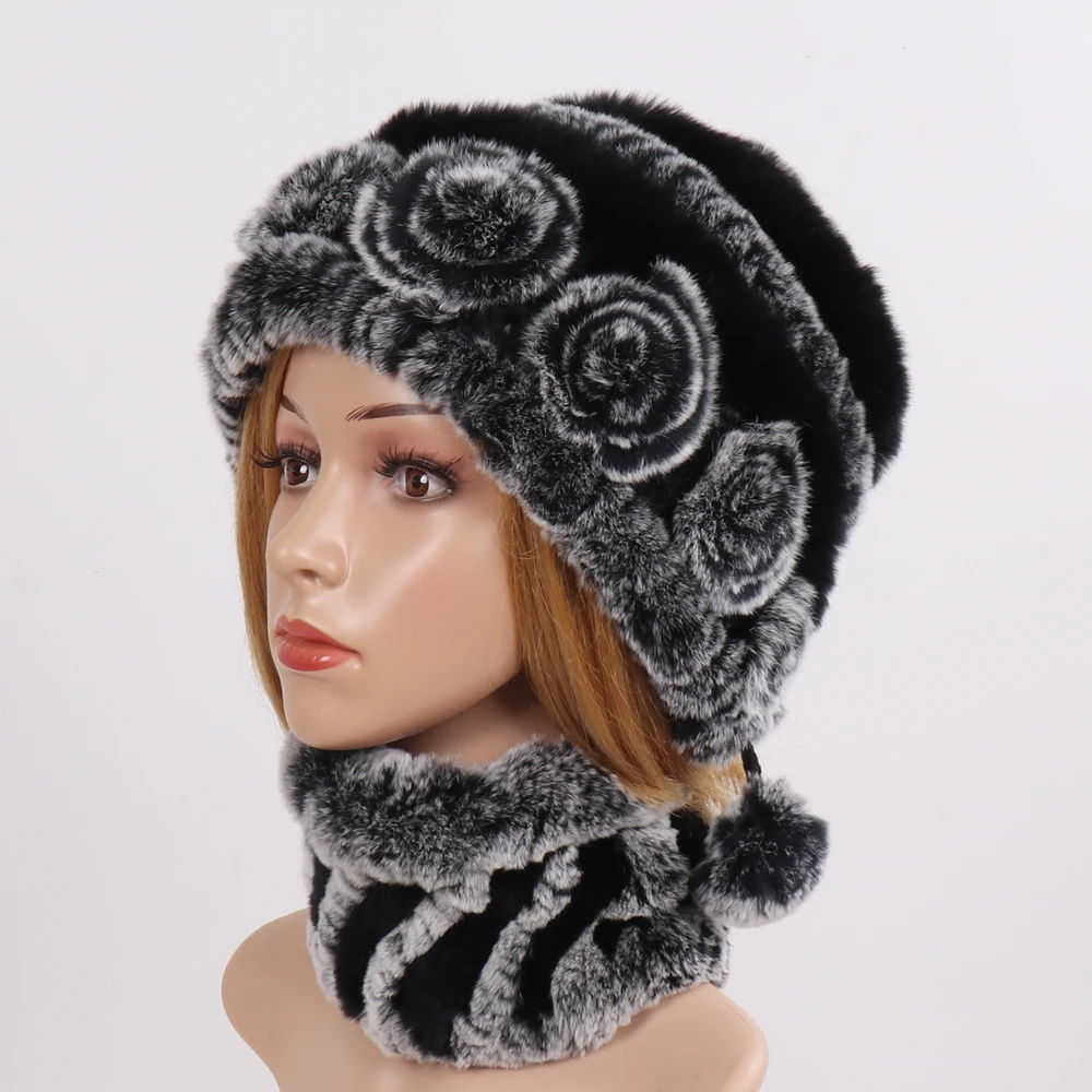 Новый вязаный леди Настоящий мех кролика шарфы головные уборы наборы Зимний