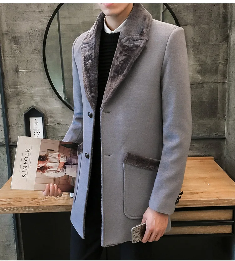 Меховой воротник Тренч Для мужчин из смесовой шерсти зимнее пальто Slim Fit Для мужчин манто Homme средней длины черный серый Для мужчин S Тренч синий 4xl 5xl