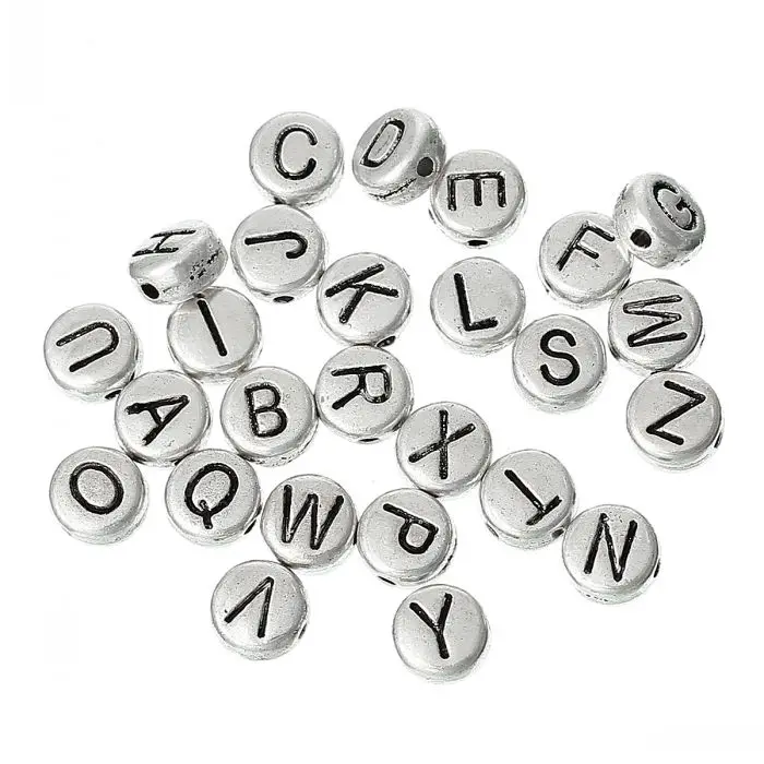 Doreen Box, новинка, круглые бусины, античный серебряный Алфавит/буква "A-Z", резные, около 7 мм(2/") Диаметр, отверстие: около 1,2 мм, 130 шт