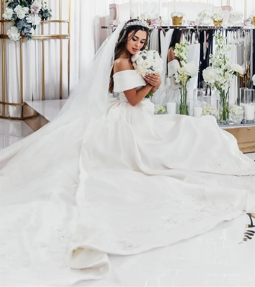 Белое Атласное свадебное платье Vestido De Noiva 2019 бальное с открытыми плечами пышное