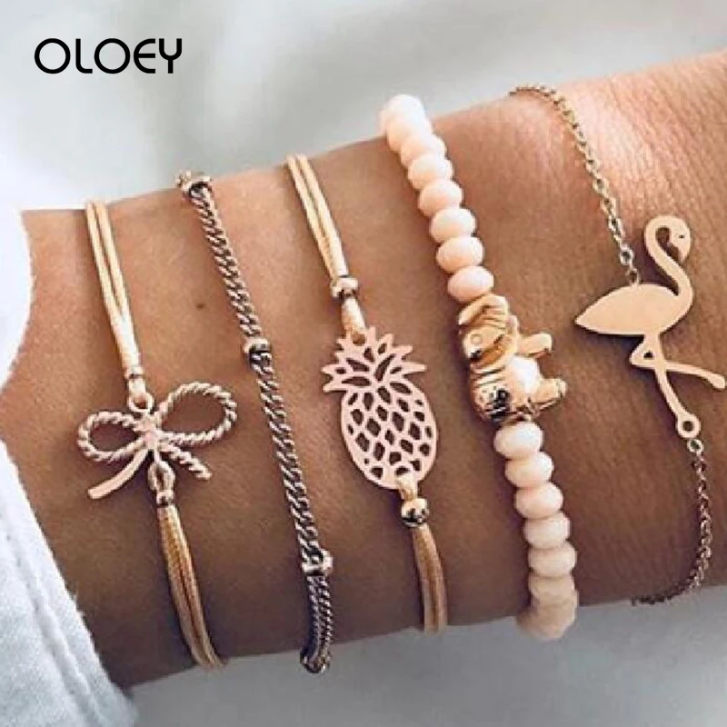 OLOEY Boho браслеты для женщин Ретро Мода Дамская ручная цепочка 5 шт./компл. ананас