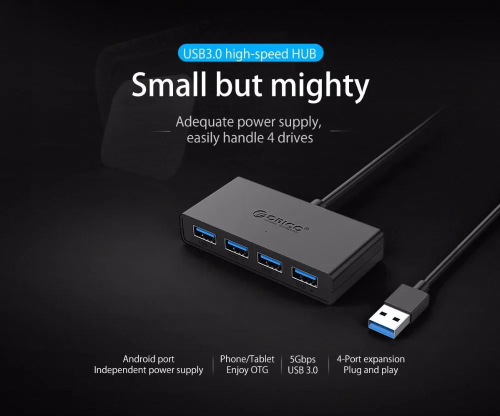 ORICO Mini USB 3,0 концентратор 4 порта питание OTG с микро USB интерфейс питания для MacBook ноутбук планшет компьютер OTG usb-хаб