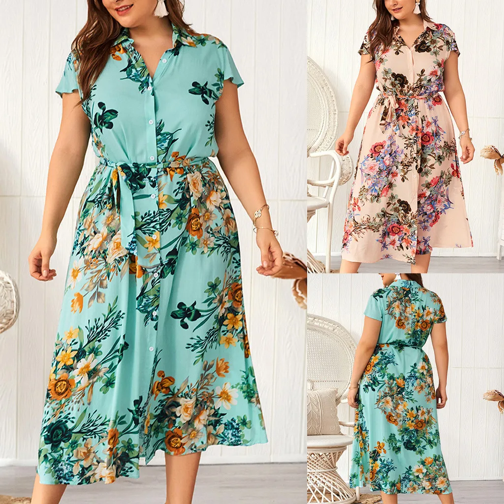 Женское платье с коротким рукавом и цветочным принтом большие размеры женская