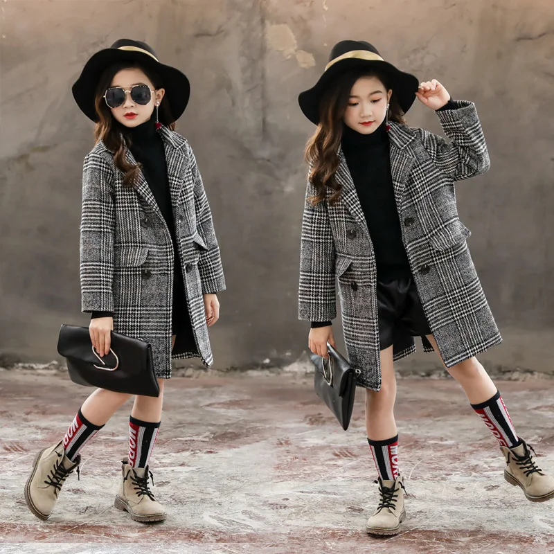 Kid girl jackets Winter wool coat for girls Teens autumn jacket warm outerwear Children girlsbuffalo plaid windbreaker 4T-14T | Детская