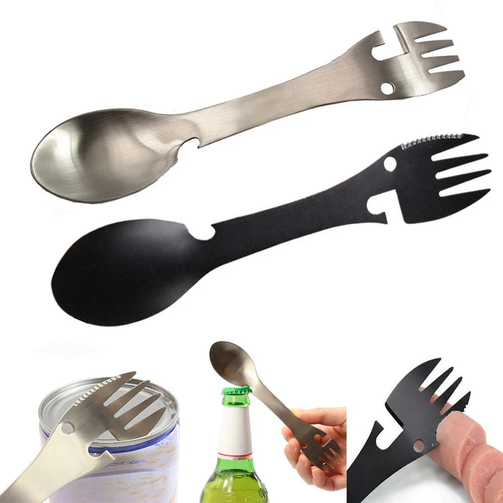 

5 in1 Multifunctional Camping Equipment Cookware Spoon Fork Bottle Opener Portable Tool Outdoor Tableware Stainless Steel tools