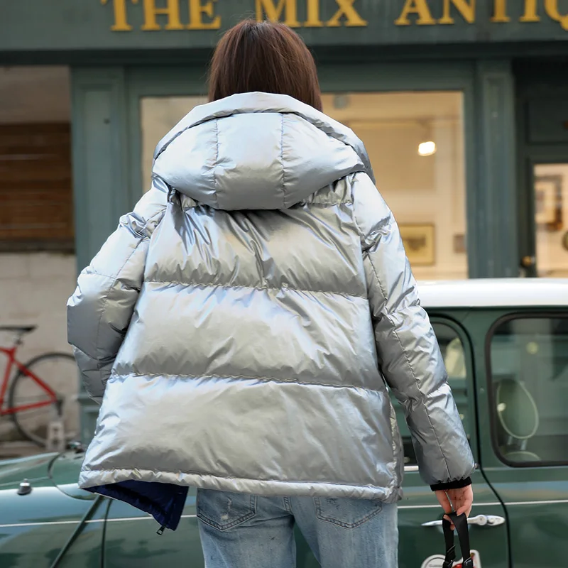 Новинка 2019 женская модная Глянцевая куртка утепленное пальто короткая с гусиным