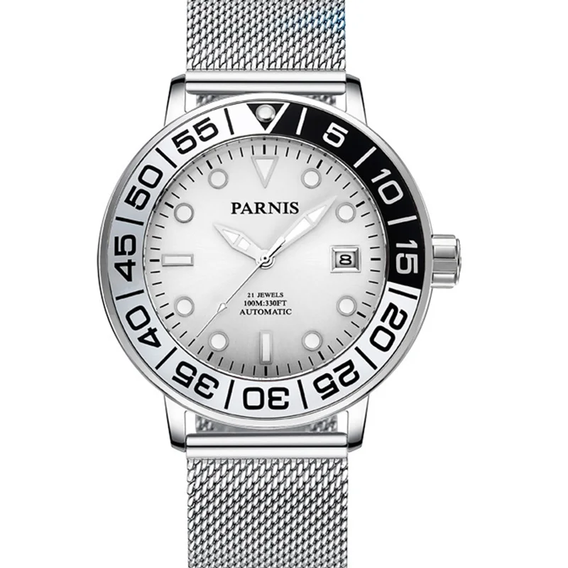 steel1 PARNIS, повседневные автоматические мужские часы, Relojes Hombre,, сапфировое стекло, резина, светящиеся, авто-дата, механические часы, мужские часы - Цвет: steel1