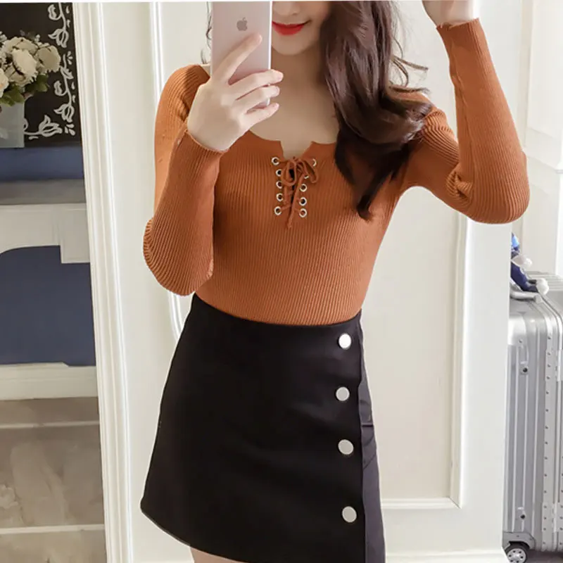 Autumn Spring Women Knitwear Sweater Lace Bow Bottoming Shirt Knit Tops Slim Casual Elastic Sexy Pullovers | Женская одежда