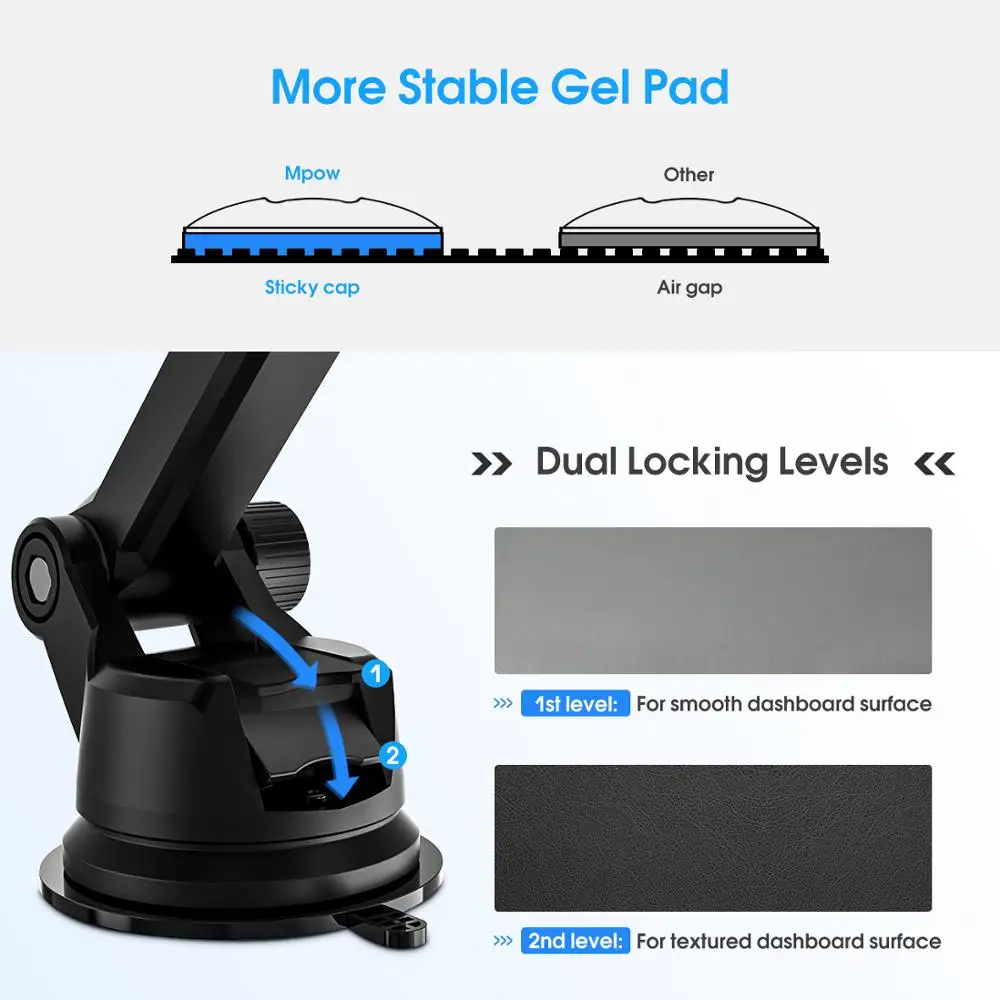 Mpow Dashboard Car Mount Holder Universal Windshield Car Stand Holder With 2 Suction Levels And Washable Gel Pad For iPhone