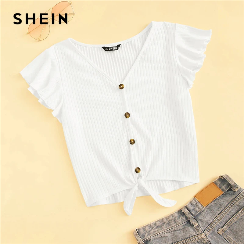 SHEIN Модная трикотажная Футболка с рукавами-крылышками и пуговицами, женская футболка, шикарные летние топы с v-образным вырезом и коротким рукавом