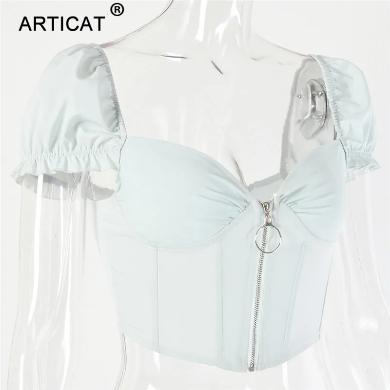 Articat, с оборками, v-образный вырез, сексуальный корсет, укороченный топ, женский, белый, с открытой спиной, на молнии, короткий, летний, топ, однотонный, на каждый день, женские топы