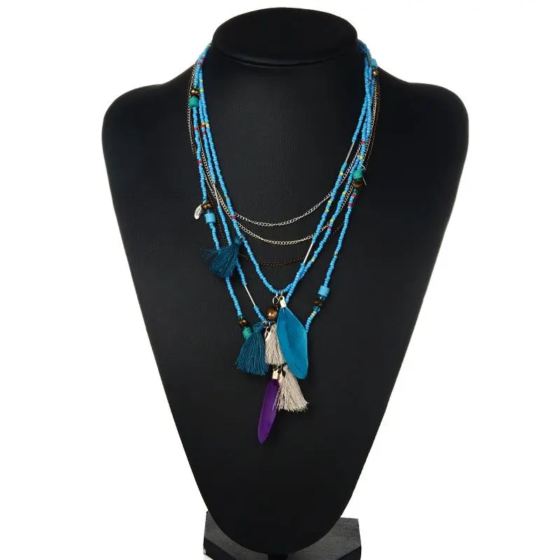 Shineland Multi-Color Feather Necklaces &amp Pendants Beads Chain Statement Necklace Women Collares Ethnic Jewelry Gifts | Украшения и