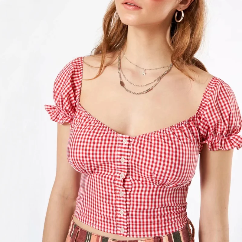 Винтажная блузка летняя офисная одежда Блузки женские Sqaure шеи кнопки спереди в