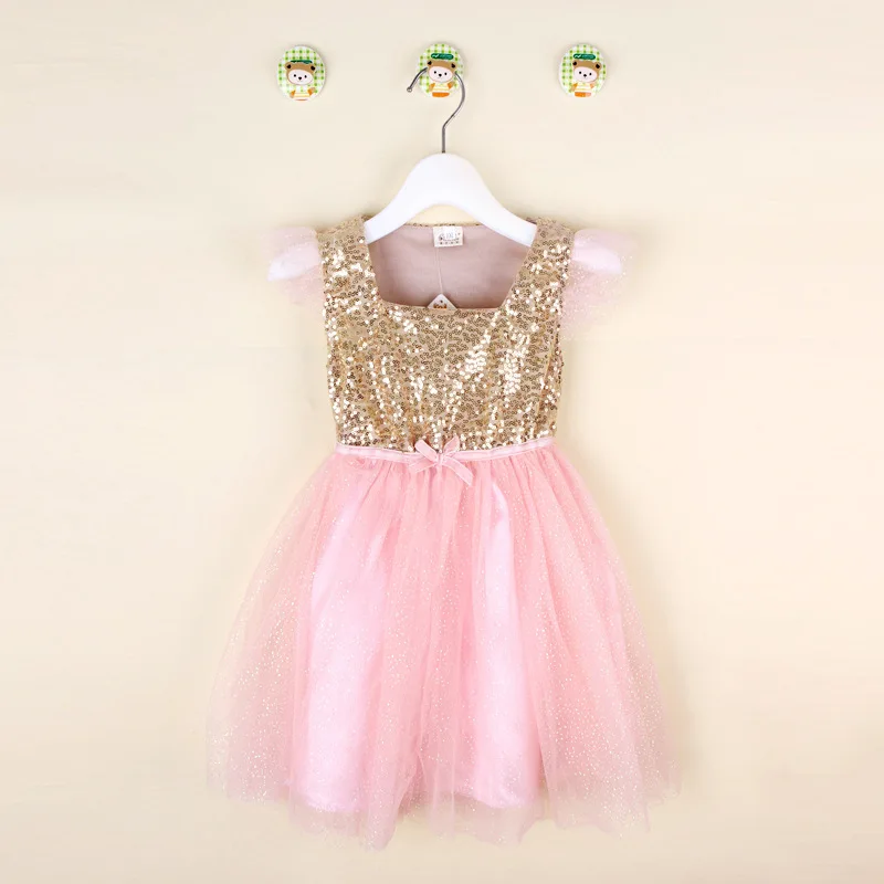 Cute Retail Baby Summer Dress Little Girl Gold Sequin Top with Pink Glitter Tulle Stitching Tutu Kids Party Princess | Детская одежда и