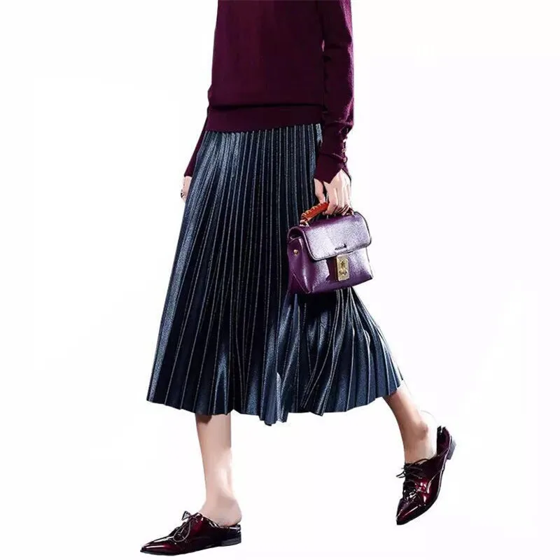 

Women velour pleated skirt 2020 autumn high waist gold velvet skirt elastic fashion sweet skirt elegant skirt winter vestidos