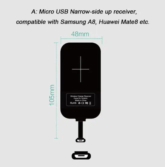 Micro narrow side up Qi беспроводной зарядный приемник, зарядное устройство, адаптер для приемника, тег для iPhone 7 Plus, 5S, 6, 6 S, для Xiaomi CC9, для samsung A80, type C - Тип штекера: Micro narrow side up