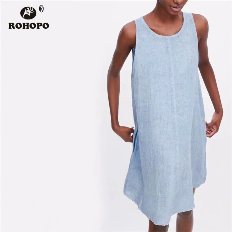 ROHOPO Sky Blue Linen Cotton Sleeveless Baggy Dress Summer Female Chic Trim Flared Mini Girl Breathable Dresses #AZ9254 | Женская одежда