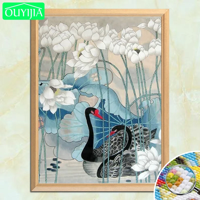 OUYIJIA 5D DIY Алмазная картина &quotчерные Лебеди пара в цветы лотоса&quot полностью