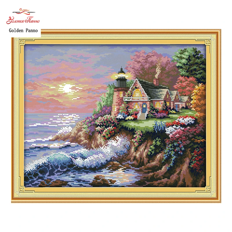 

Golden Panno,Needlework,DIY DMC Cross stitch,Sets For Embroidery kit Beach lighthouse home decoration Counted Cross-Stitching 24