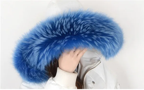 Winter Coat Female Neck Cap Long Warm Genuine Fur Scarf Big Size Neck scarf Fur Collar Real Raccoon Fur Women Scarves L44 - Color: Blue