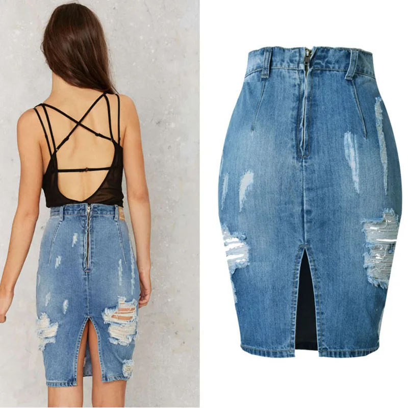 Женская джинсовая мини юбка облегающая с разрезом и высокой талией модель 40 42 на