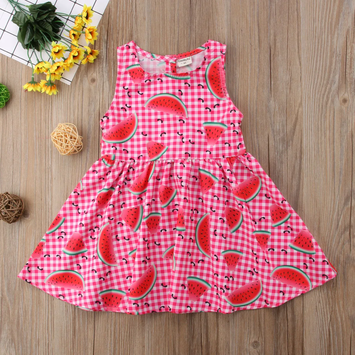 Girl Kids Clothing Dress Watermelon Printing Checks Mini Sleeveless Dresses Age 1-5 Years Summer Cotton | Детская одежда и обувь