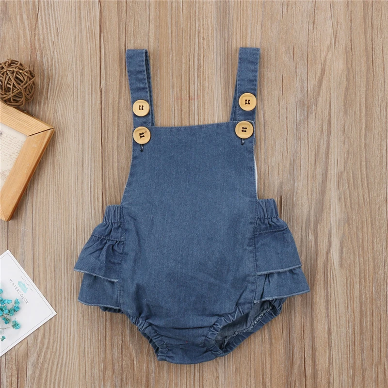 Sleeveless Infant Newborn Baby Girls Denim Romper Jumpsuit New Fashion Summer Ruffle Playsuit Girl Clothes Outfits 0-24M | Мать и ребенок