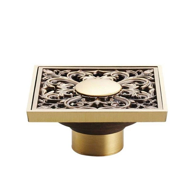 Brass Floor Drain C Стоки для душа 10*10 см, квадратные стоки для ванной, ситечко для волос, античная латунь, рыба, резные, Слив для ванной комнаты, Слив отходов, решетка для слива - Цвет: Brass Floor Drain C