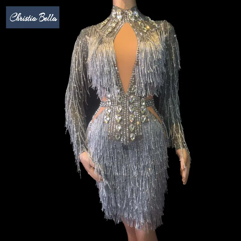 Women Crystals One Piece Party Dress Silver Tassel Sexy Singer Dancer Bodycon Dress Nightclub Performance Stage Costumes