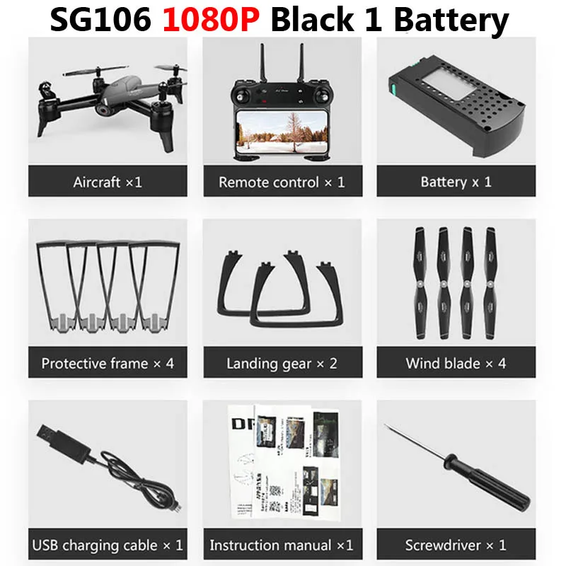 Black 1080P 1Battery Дрон SG106 с двойной камерой 1080P 720P 4K WiFi FPV в режиме реального времени воздушная видео широкоугольный оптический поток RC Квадрокоптер вертолет игрушки - Цвет: Black 1080P 1Battery