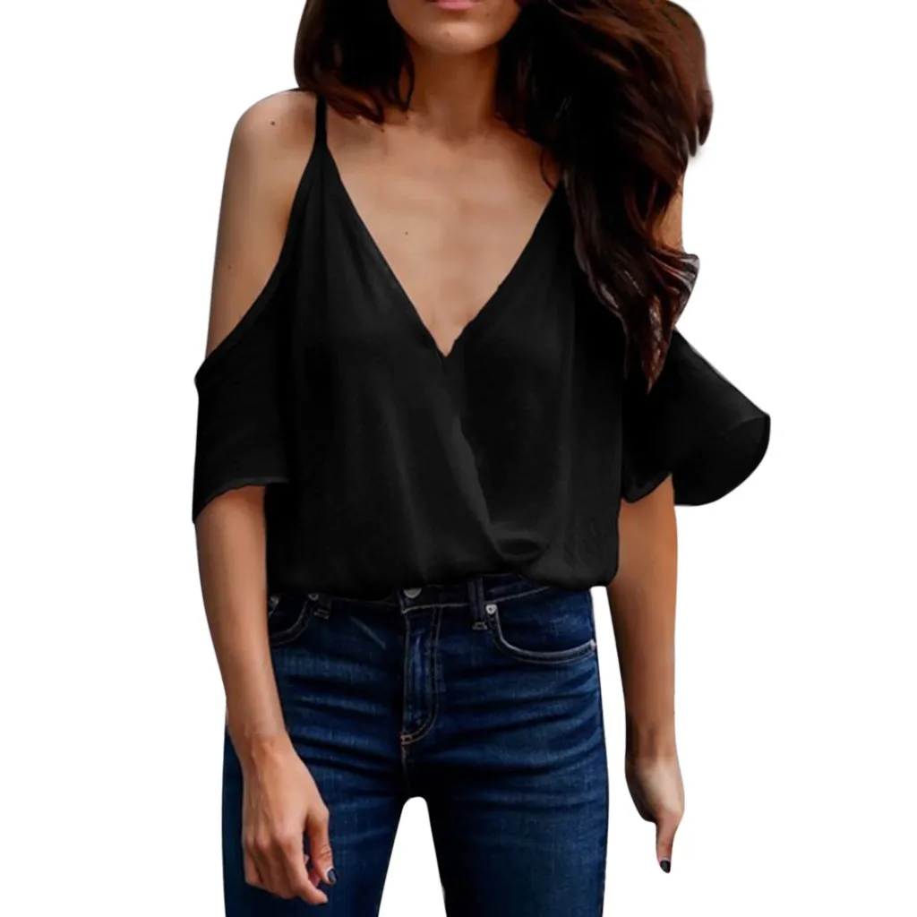 Женская шифоновая блузка с открытыми плечами летняя однотонная Повседневная
