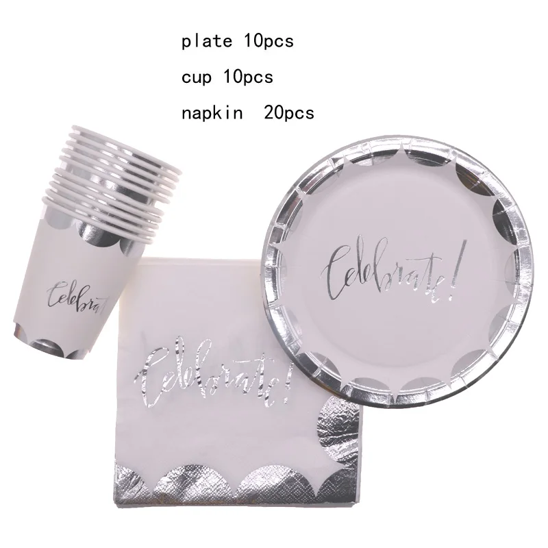 40pcs silver Принадлежности для дня рождения, одноразовые свадебные украшения из фольги золотого и белого цвета, вечерние декоративные столовые принадлежности, набор бумажных соломенных тарелок - Цвет: 40pcs silver