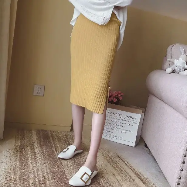 Вязаная юбка Модный ранец до середины икры Длина Разделение сбоку с Строки