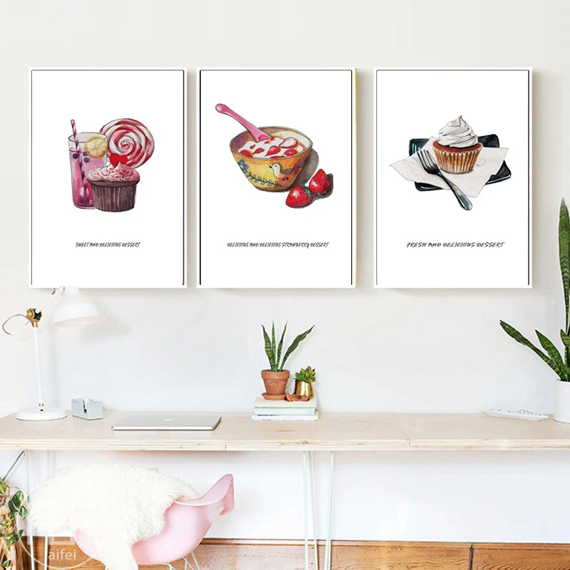 Modern Home Decoration Wall Art Pictures Cartoon Dessert Canvas Painting Watercolor Cake Nordic Poster For Coffee Shop Kitchen | Дом и сад