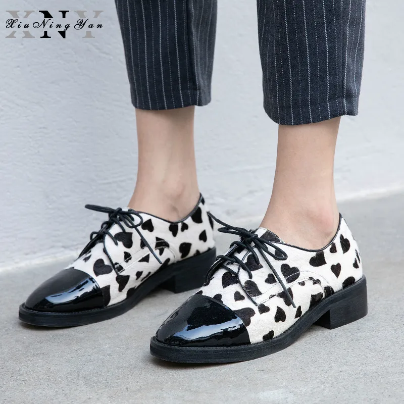 

Women Casual Shoes Genuine Leather Fur Flats 2019 Spring Casual Plus Size 33-42 Oxfords Shoes Woman Print Horsehair Ladies Flats