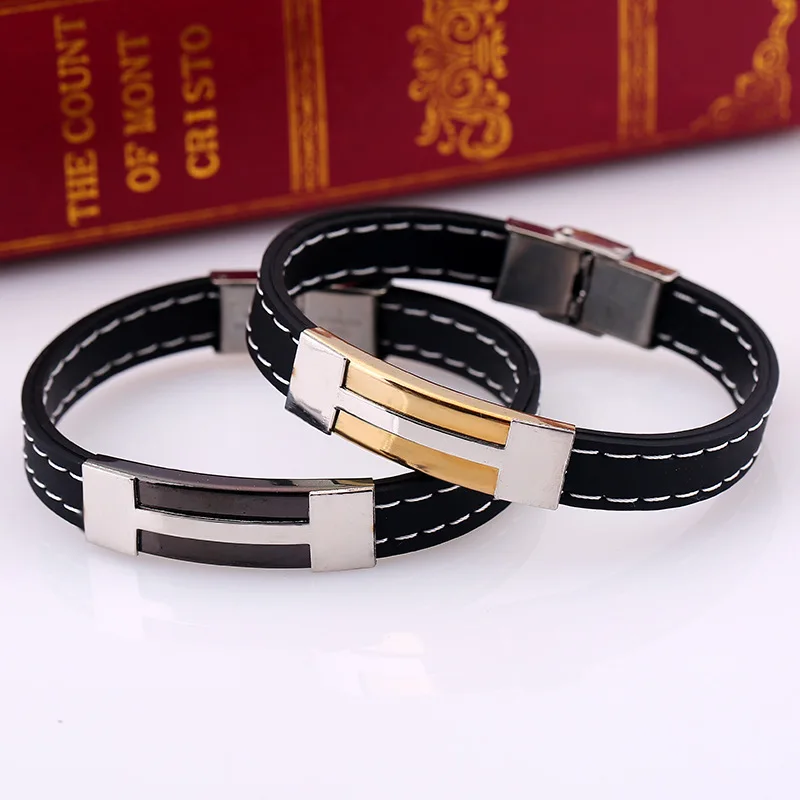

JUJIE Fashion Silver Plated Silicone Bangles Stainless Steel Bracelet Bangles Gold And Black Couple Bangles For Friends