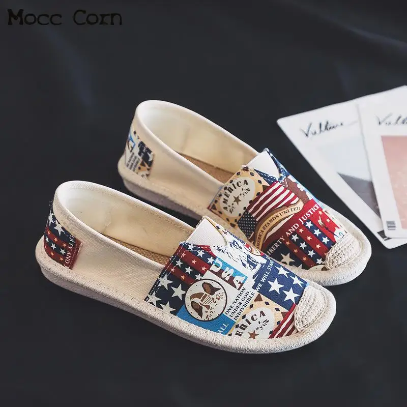 Туфли женские холщовые без шнуровки дышащие лоферы плоская подошва эспадрильи
