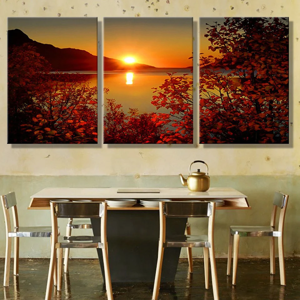 

Painting Poster Wall Art Framework Decorative Modular 3 Panel Lake Sunset Landscape Canvas Pictures For Living Kids Room