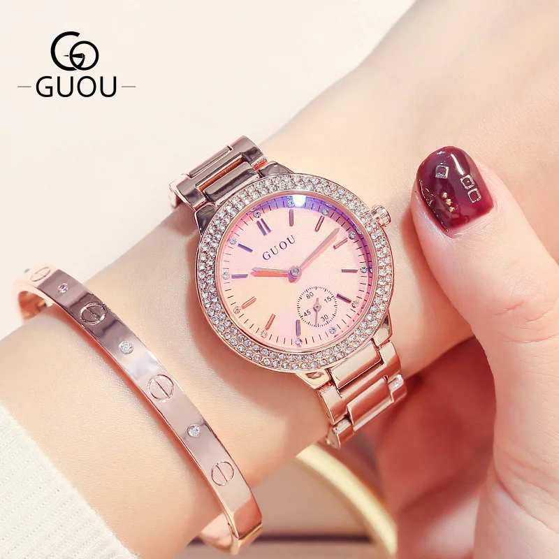 Luxury Fashion Lady Quartz Watch female Round pink zircon stone dial second eye wrist Watch Waterproof Steel watchband G8141