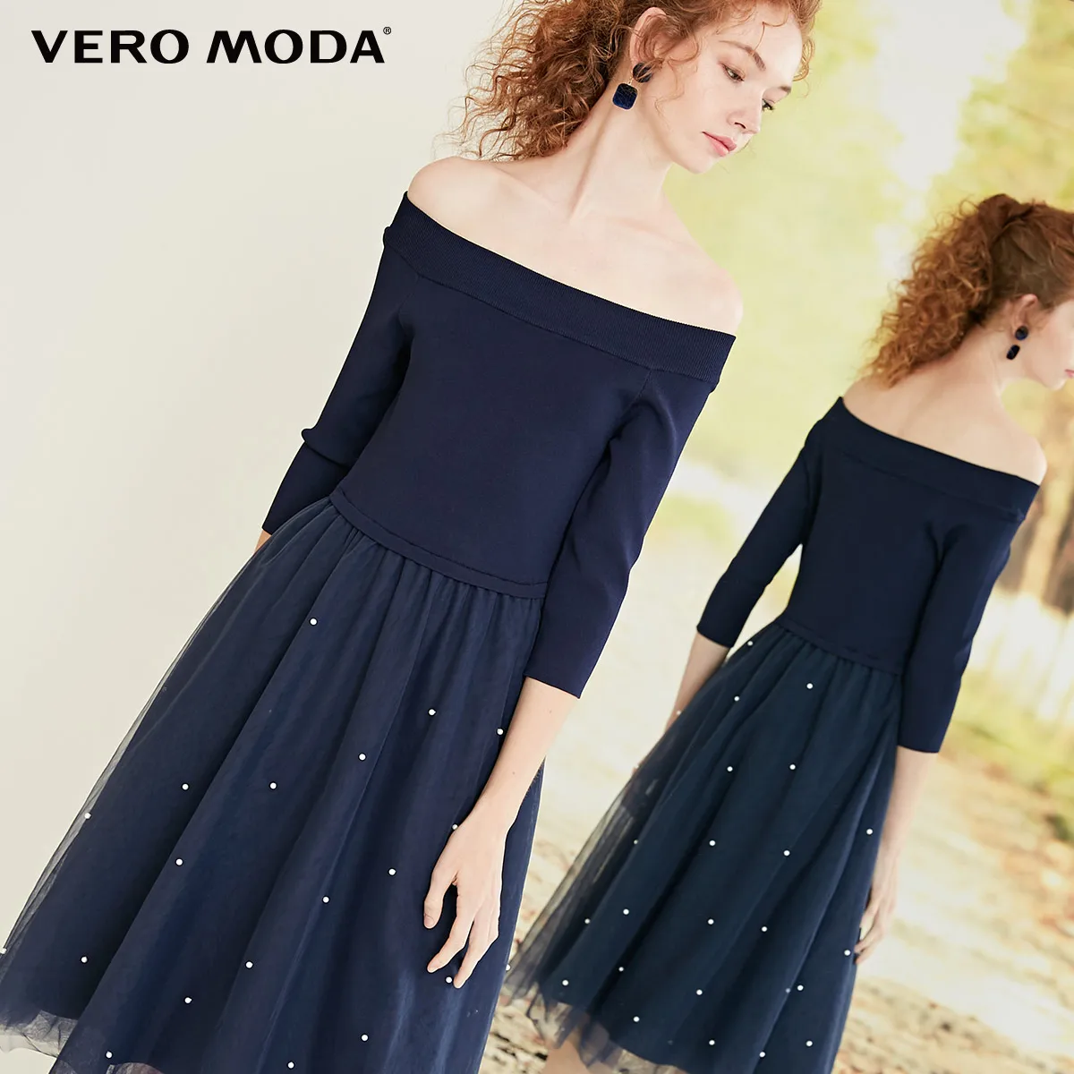 Vero Moda Новое Женское трикотажное платье с 3/4 рукавами и открытыми плечами | 318346521 - Цвет: Midnight blue