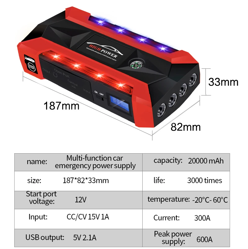 12V автомобиль скачок стартер Мощность банк 600A 20000 мА/ч, Портативный Авто Батарея Мощность банк питания для мобильного телефона USB Зарядное устройство Мощность Батарея усилитель