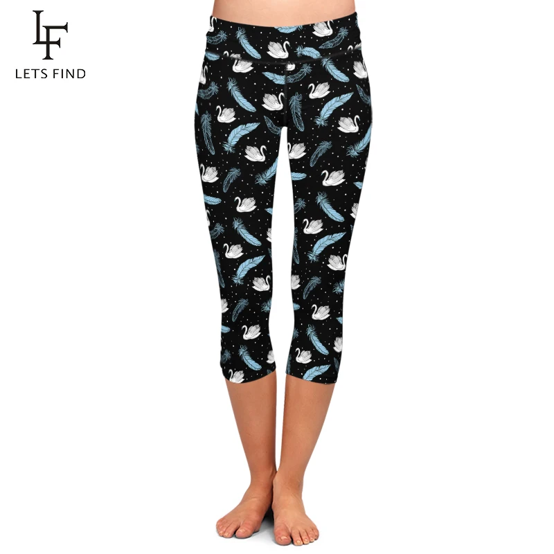 LETSFIND лебедей и перья цифровая печать Фитнес черные Капри-гетры с высокой талией